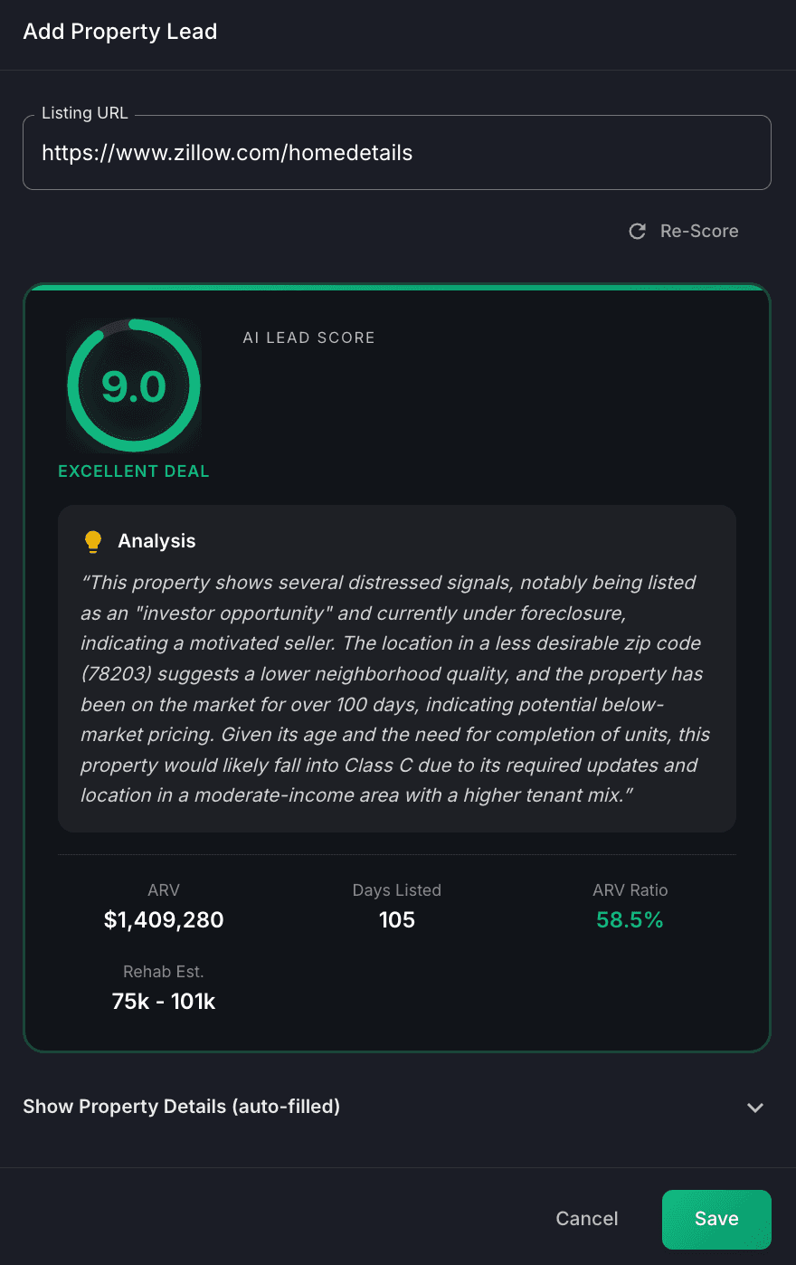 PropGuide AI Lead Score showing 9.0 Excellent Deal rating with instant property analysis