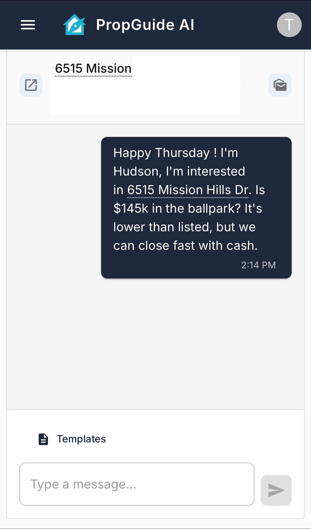 PropGuide Auto-SMS feature showing automated message to listing agent